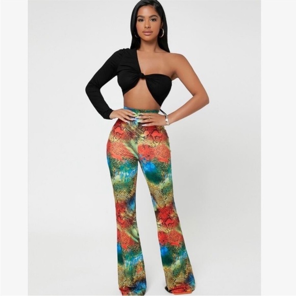 SHEIN SXY Crocodile Snakeskin Print Flare Leg Pants rainbow multicolor size 4XL - Picture 14 of 14